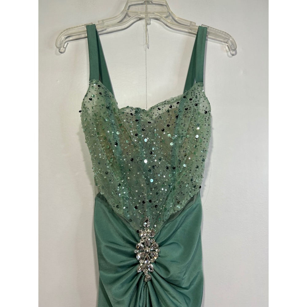 Sage Green Sequin Corset Gown Womens XS  Ruched Rhinestone Prom Dress Glamour‎